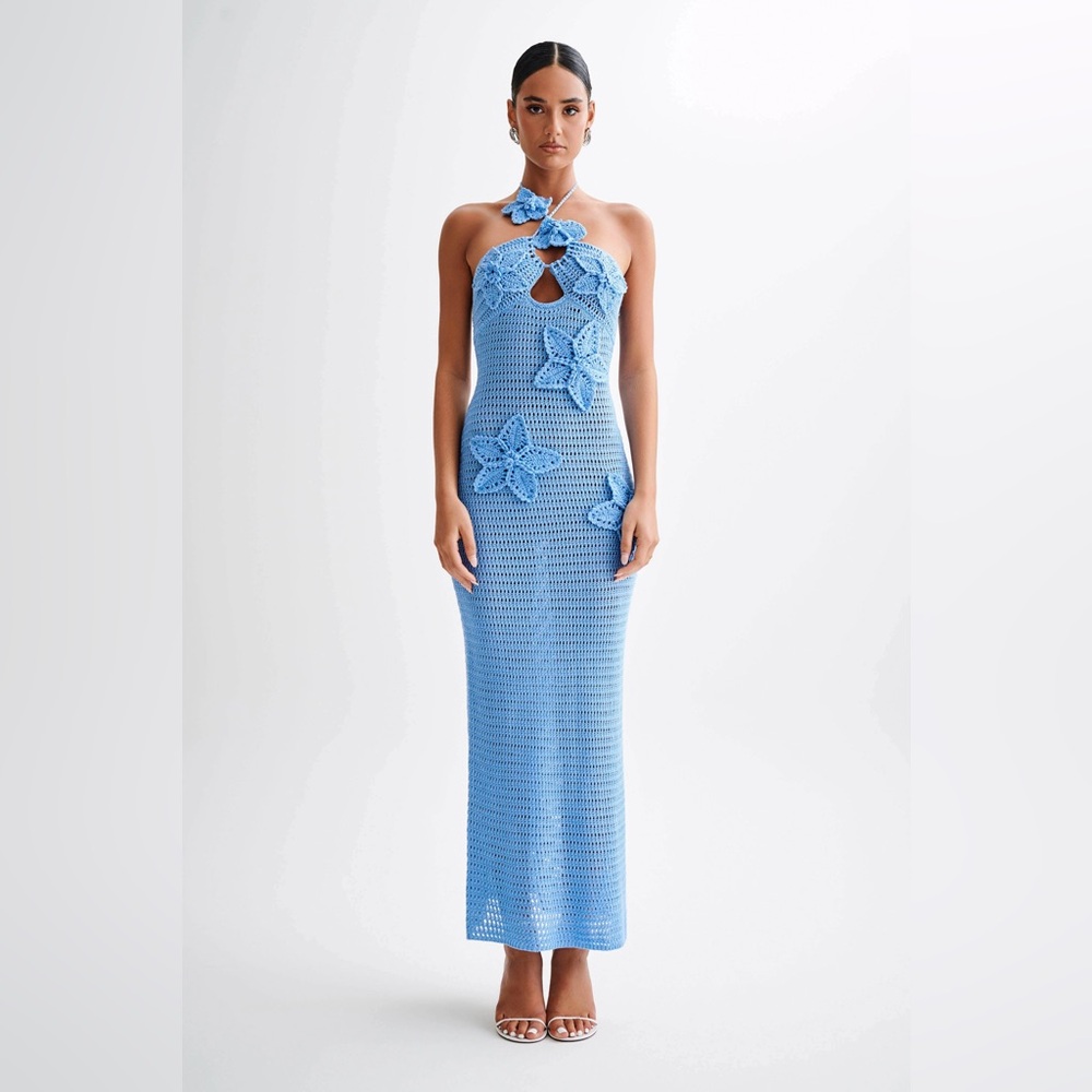 NWT Meshki Kyla Floral Crochet Maxi Dress - Cornflower Blue